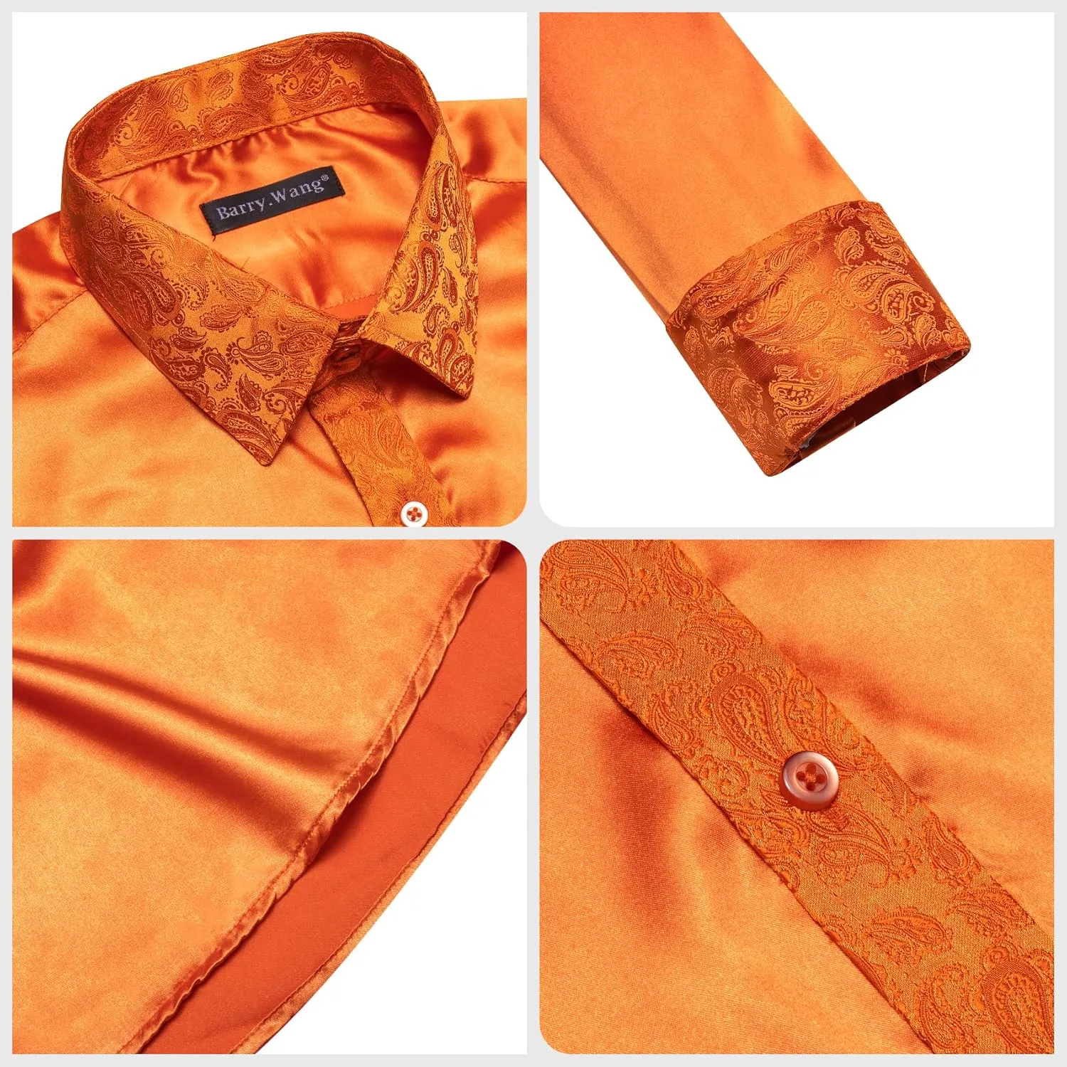 Barry.Wang Mens Satin Silk Shirts Long Sleeve Designer Dress Shirt Shiny Untucked Casual Button Down Shirt Party Disco Formal