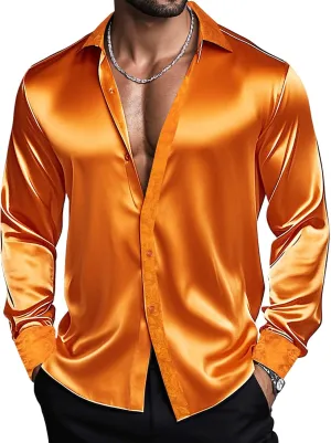 Barry.Wang Mens Satin Silk Shirts Long Sleeve Designer Dress Shirt Shiny Untucked Casual Button Down Shirt Party Disco Formal