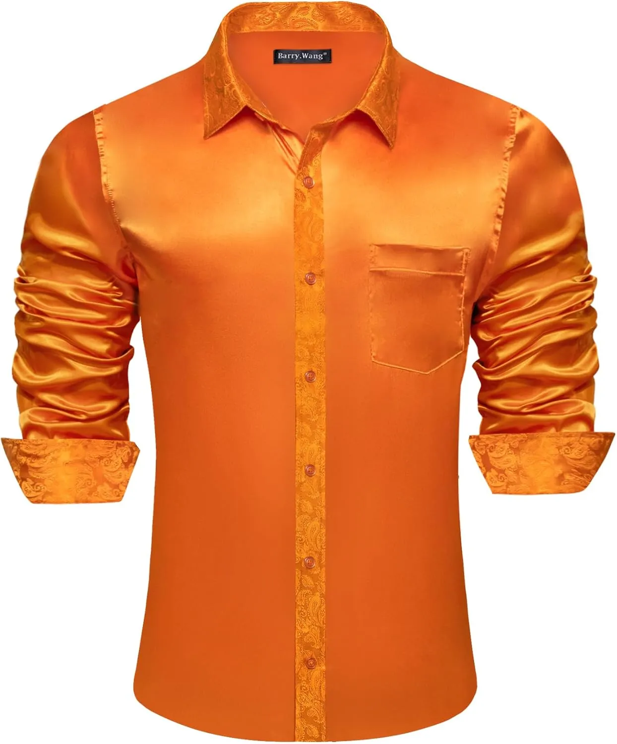 Barry.Wang Mens Satin Silk Shirts Long Sleeve Designer Dress Shirt Shiny Untucked Casual Button Down Shirt Party Disco Formal