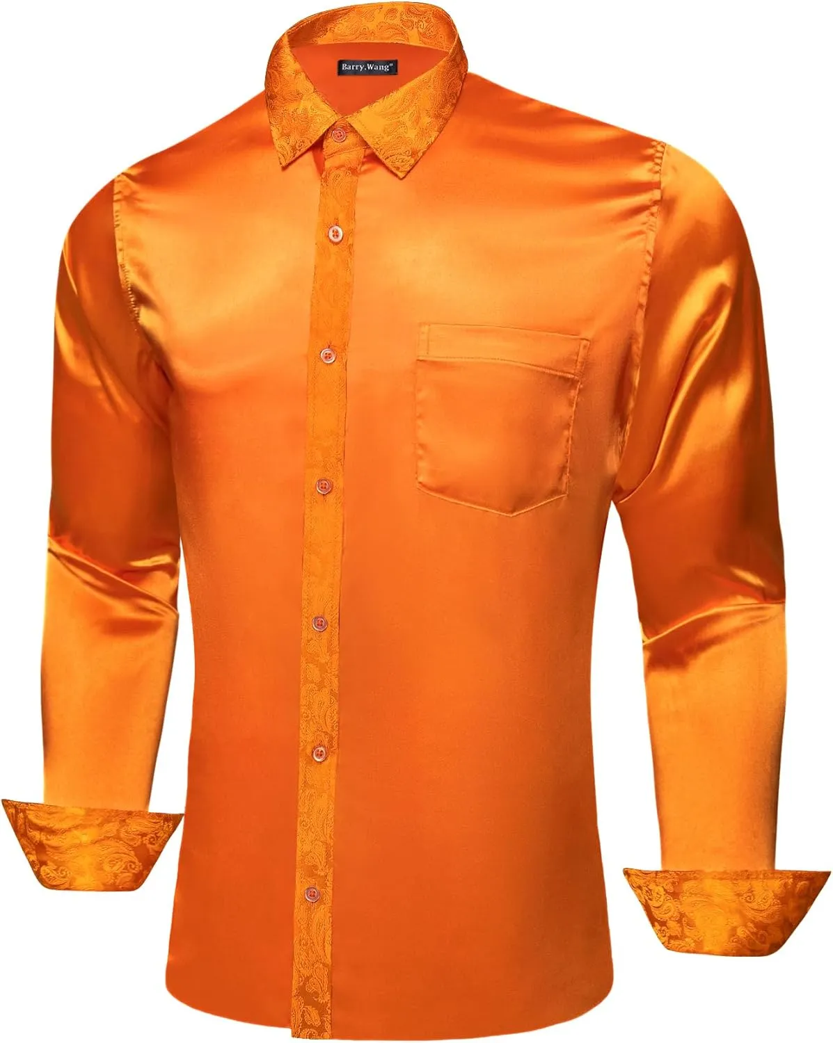 Barry.Wang Mens Satin Silk Shirts Long Sleeve Designer Dress Shirt Shiny Untucked Casual Button Down Shirt Party Disco Formal