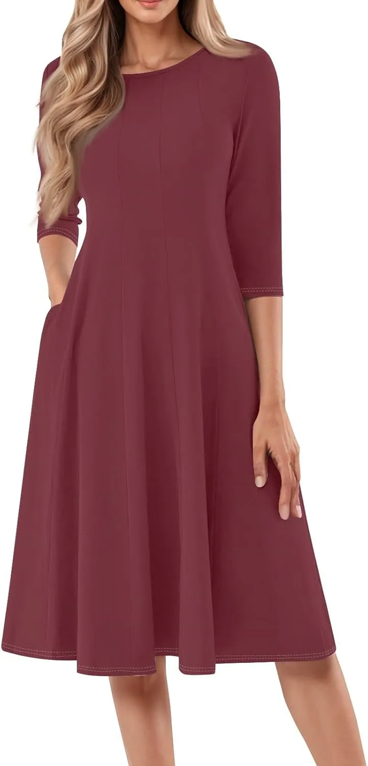 Beach Dresses for Women Summer 3/4 Sleeve Wrap Dress Solid Plain Ruched Midi Dresses Spring Pleated Dress with Pocket