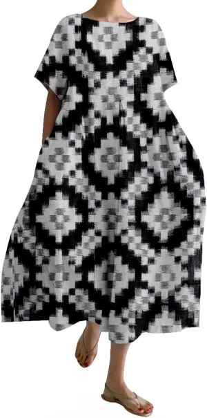 Bengbobar Women's Boho Flroal Maxi Dress Casual Short Sleeve Cotton Dress Flowy Crew Neck Chic Dress Beach Summer Sundress