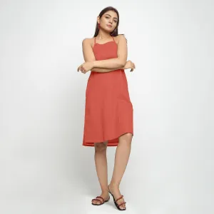 Brick Red Knee Length Cotton Criss-Cross Dress