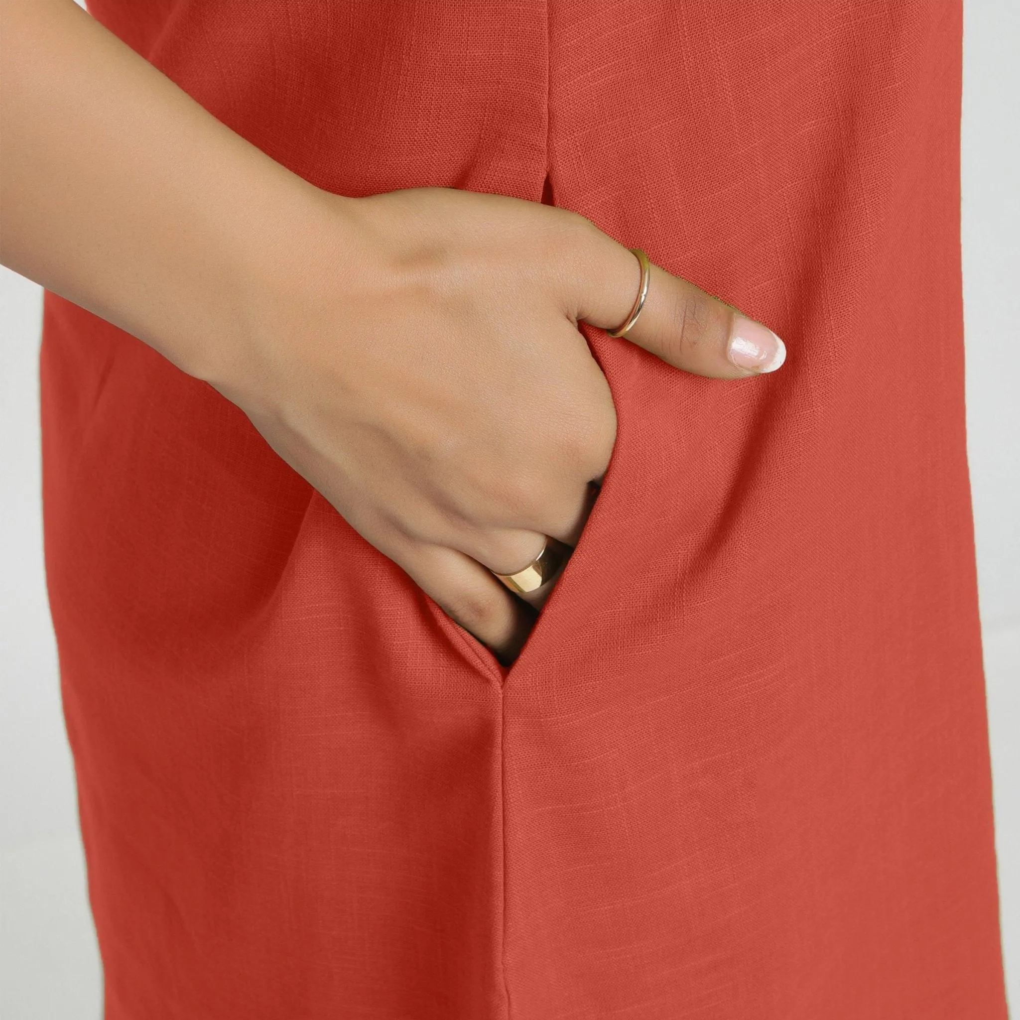 Brick Red Knee Length Cotton Criss-Cross Dress