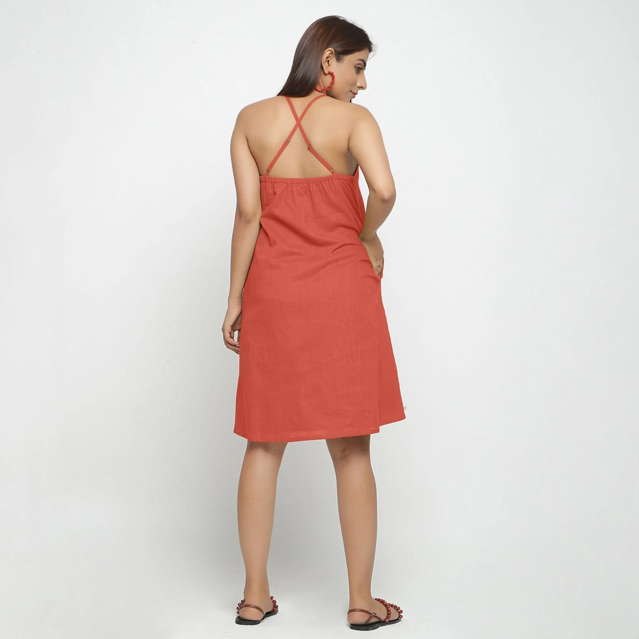 Brick Red Knee Length Cotton Criss-Cross Dress