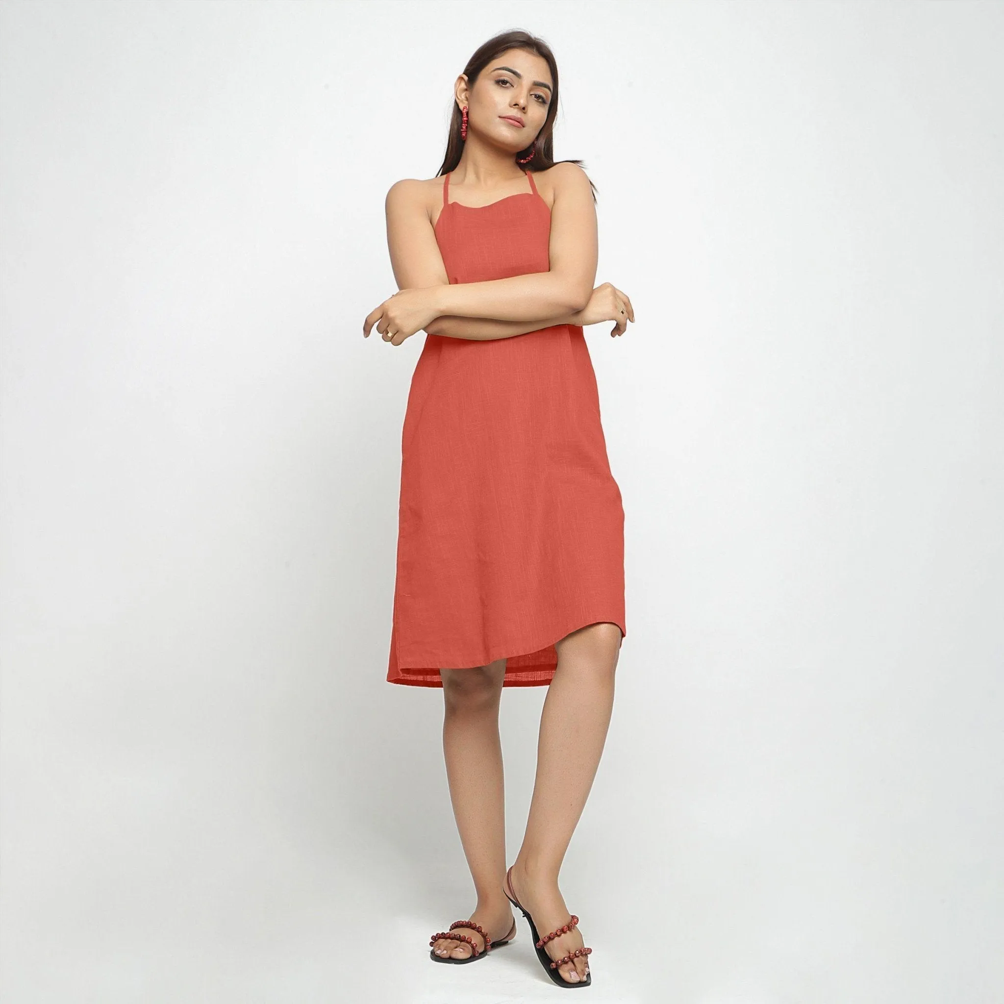 Brick Red Knee Length Cotton Criss-Cross Dress