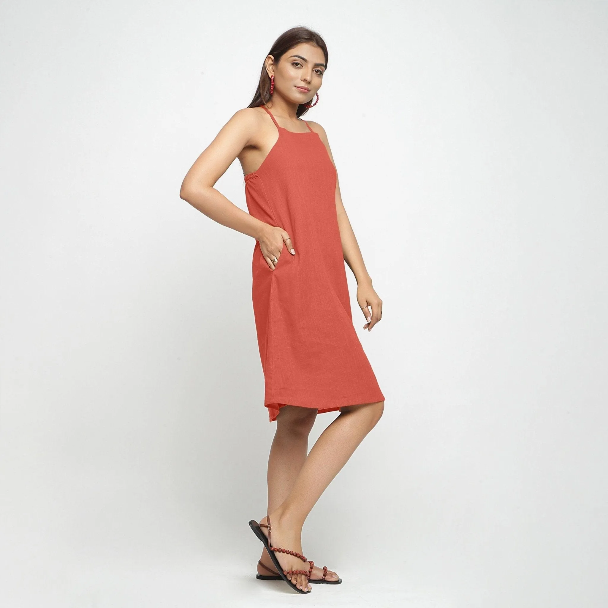 Brick Red Knee Length Cotton Criss-Cross Dress