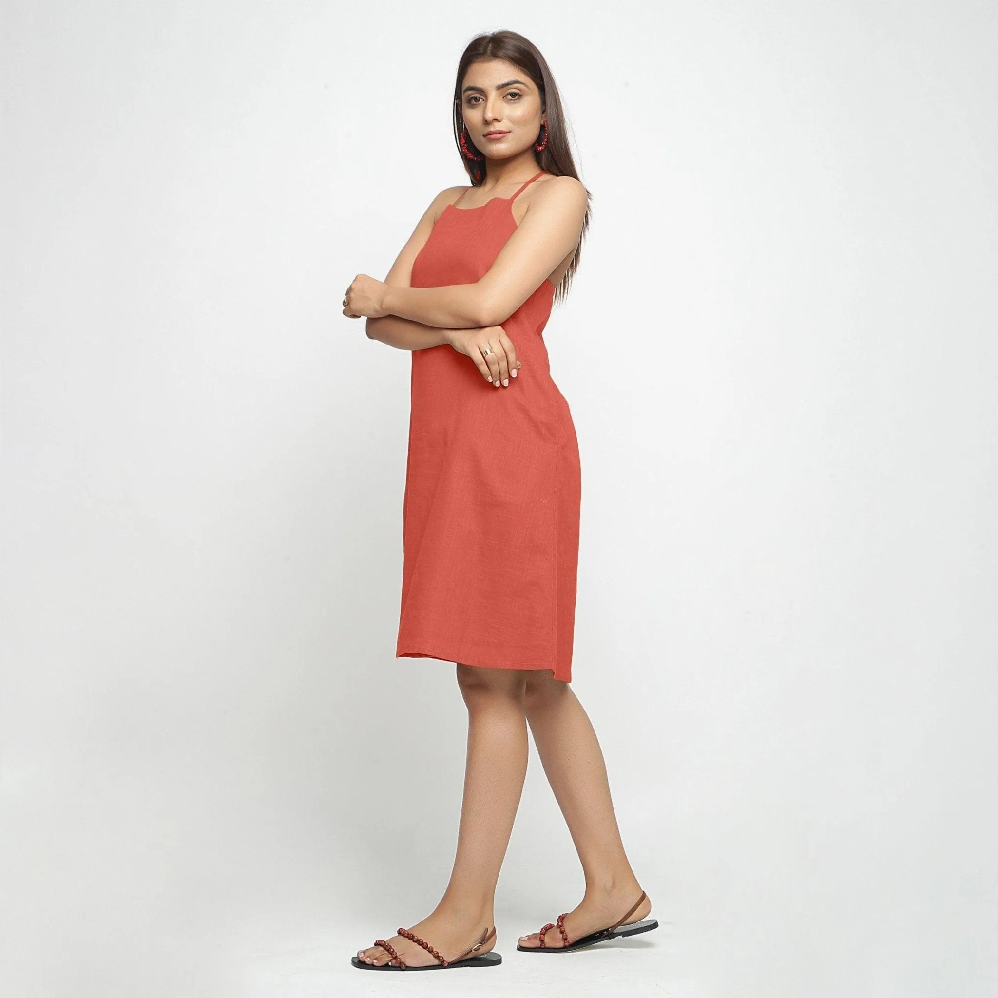 Brick Red Knee Length Cotton Criss-Cross Dress