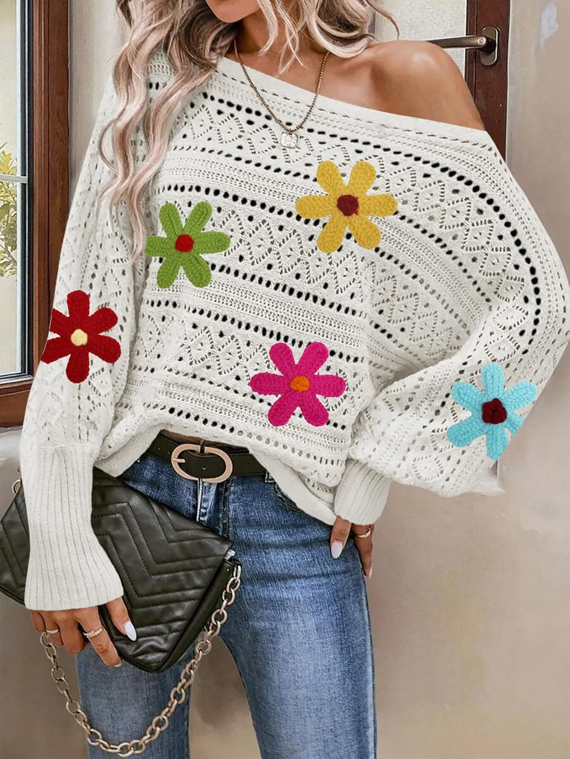 Cakulo Womens Off The Shoulder Sweater Top Fall 2025 Oversized Knit Batwing Long Sleeve Crochet Pullover Sweaters