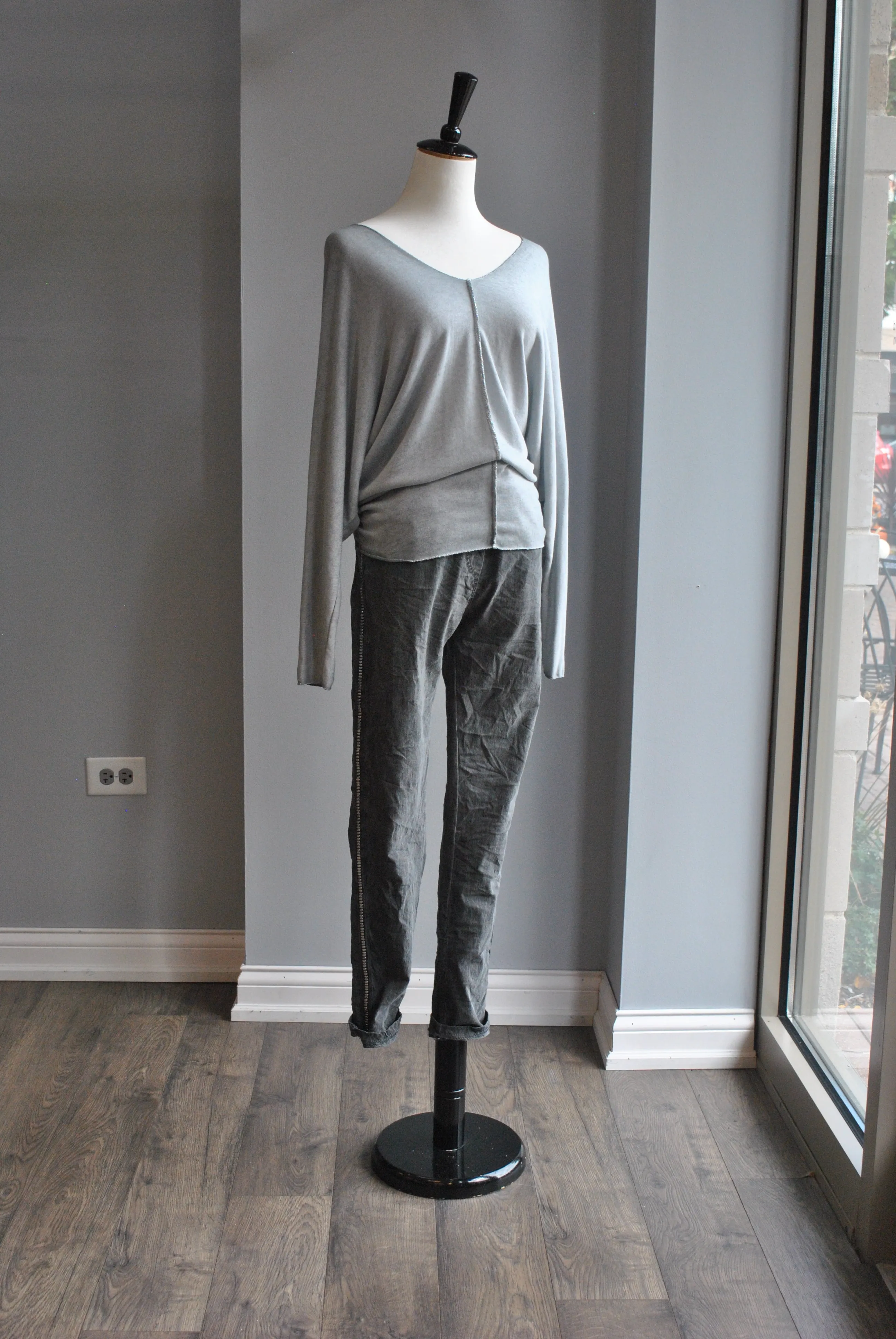 CHARCOAL GREY PANTS WITH SIDE SILVER TRIM AND POCKETS