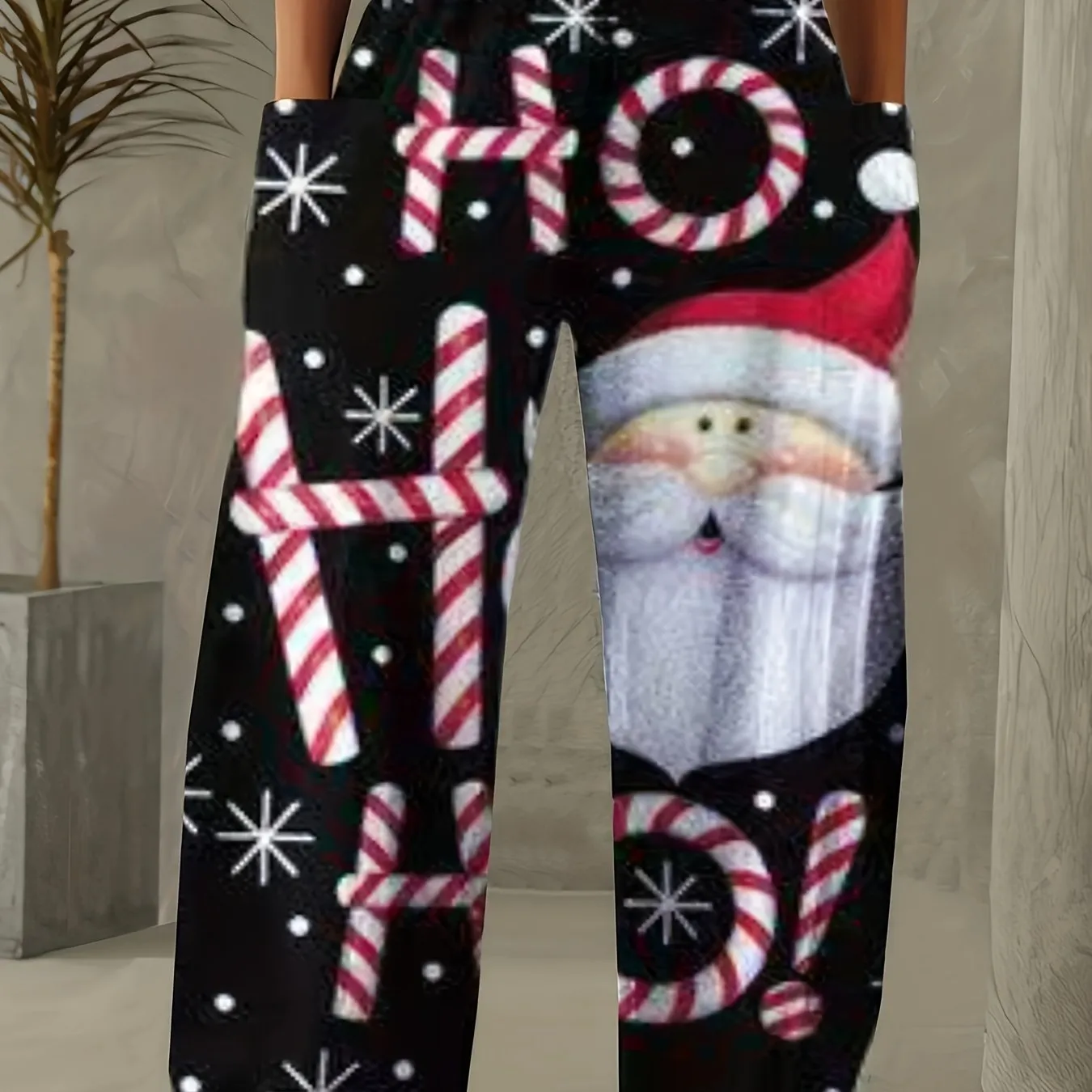 Christmas Print Wide Leg Pants, Casual Elastic Waist Pants With Pocket, Women's Clothing