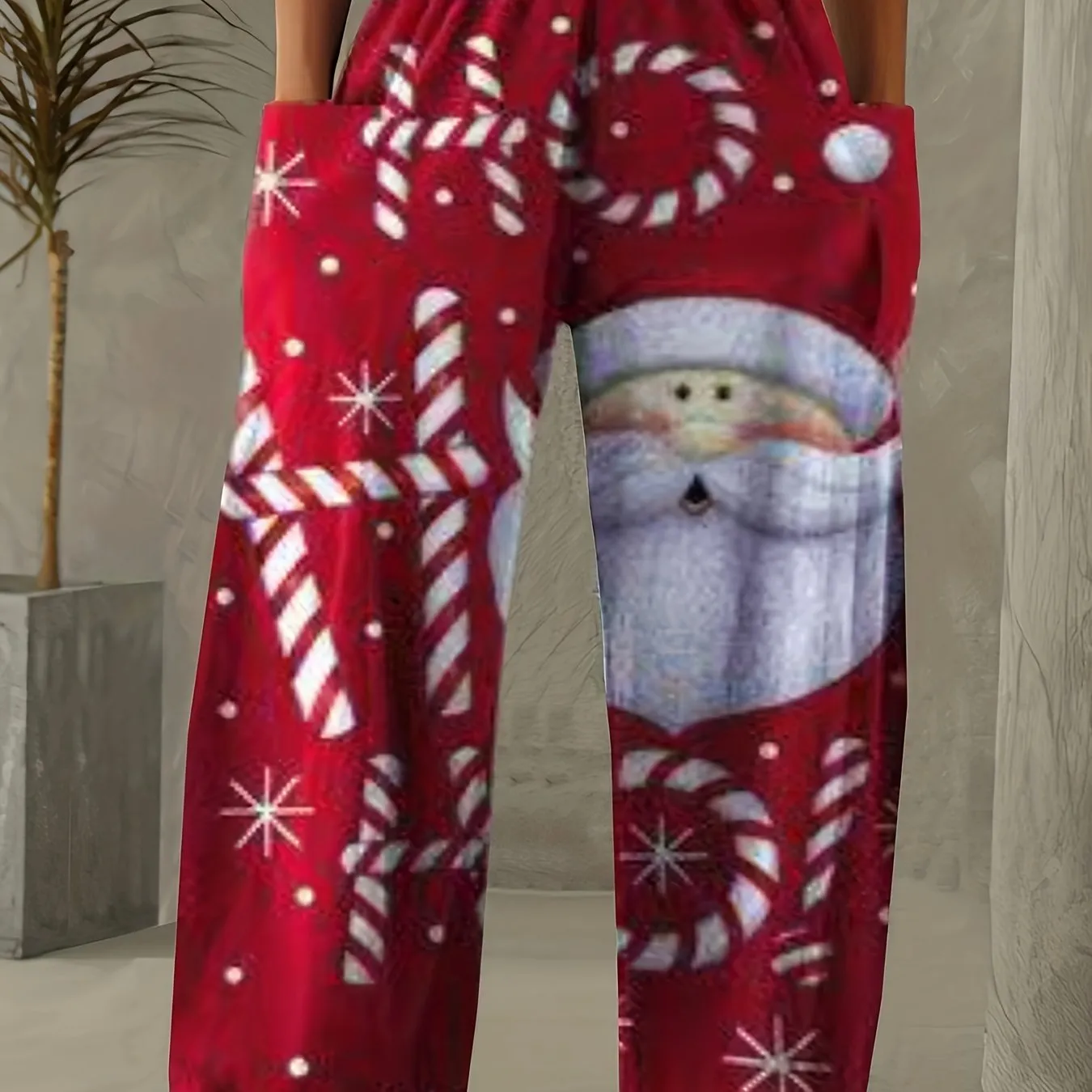Christmas Print Wide Leg Pants, Casual Elastic Waist Pants With Pocket, Women's Clothing