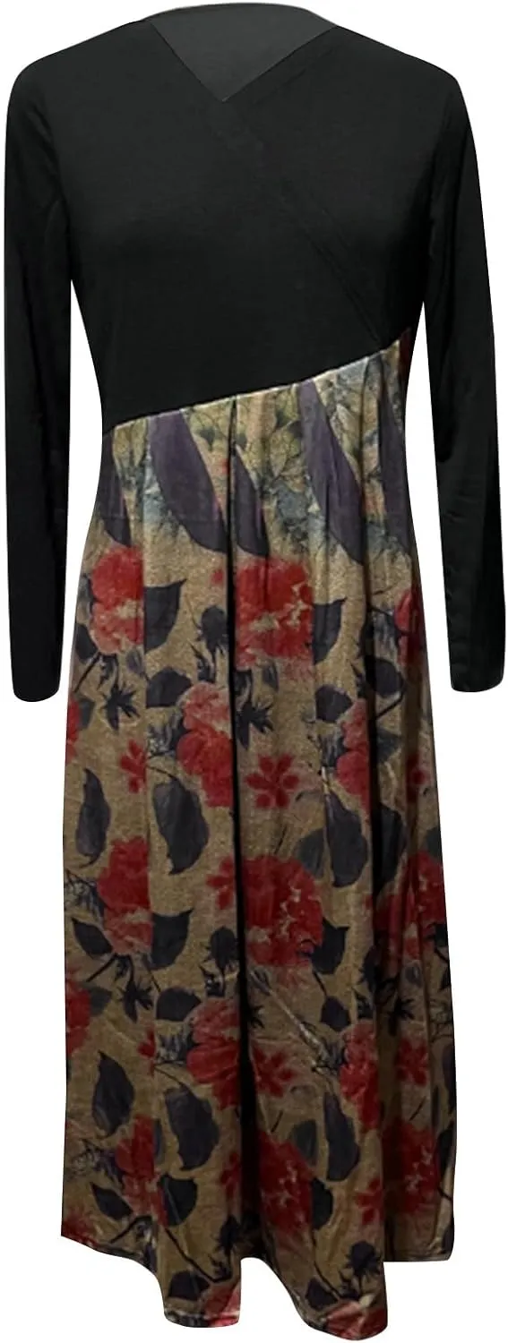Dresses for Women 2025 Spring Midi V Neck Long Sleeve Work Boho Cute Modest Holiday Loose Dress