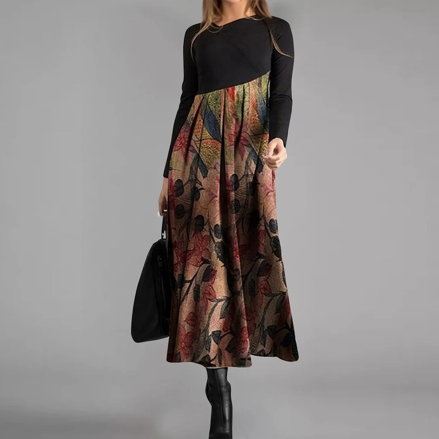 Dresses for Women 2025 Spring Midi V Neck Long Sleeve Work Boho Cute Modest Holiday Loose Dress