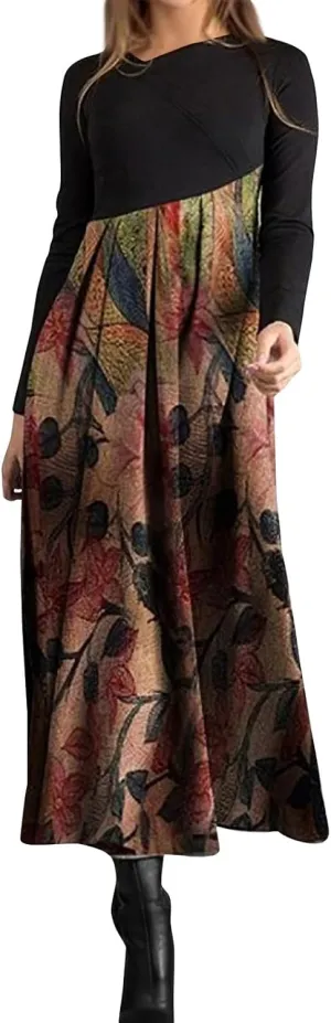 Dresses for Women 2025 Spring Midi V Neck Long Sleeve Work Boho Cute Modest Holiday Loose Dress