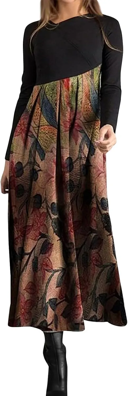 Dresses for Women 2025 Spring Midi V Neck Long Sleeve Work Boho Cute Modest Holiday Loose Dress