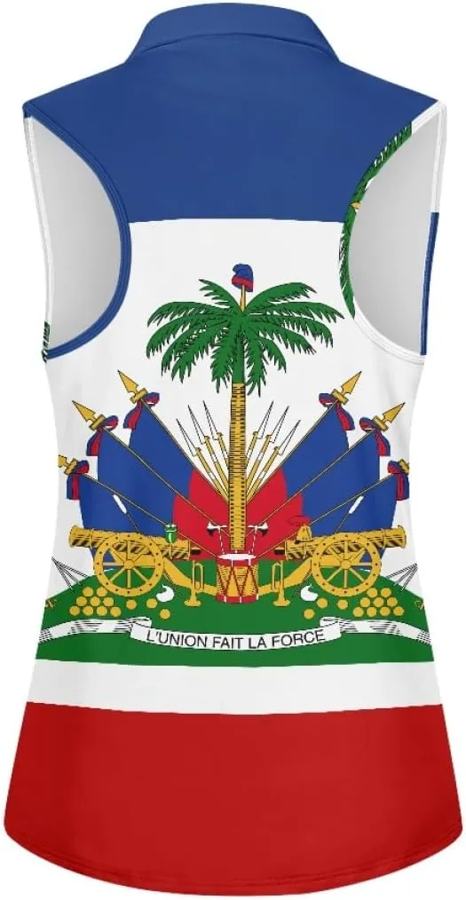 ENLACHIC Womens Golf Shirts Polynesian Haitian Flag Print Sleeveless Tank Tops Racerback Collared Quick Dry Polo Shirts