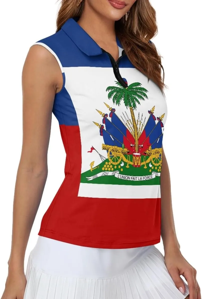 ENLACHIC Womens Golf Shirts Polynesian Haitian Flag Print Sleeveless Tank Tops Racerback Collared Quick Dry Polo Shirts