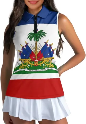 ENLACHIC Womens Golf Shirts Polynesian Haitian Flag Print Sleeveless Tank Tops Racerback Collared Quick Dry Polo Shirts