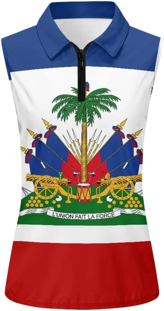 ENLACHIC Womens Golf Shirts Polynesian Haitian Flag Print Sleeveless Tank Tops Racerback Collared Quick Dry Polo Shirts