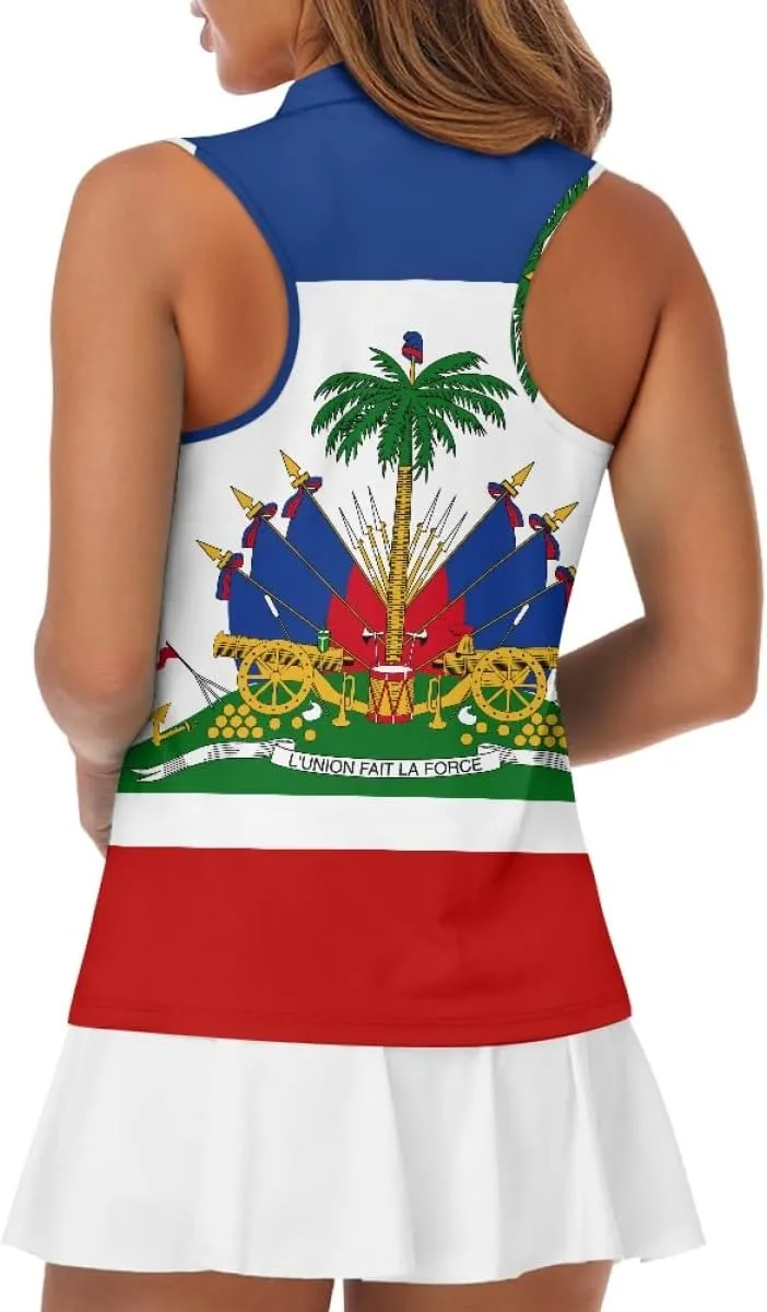 ENLACHIC Womens Golf Shirts Polynesian Haitian Flag Print Sleeveless Tank Tops Racerback Collared Quick Dry Polo Shirts