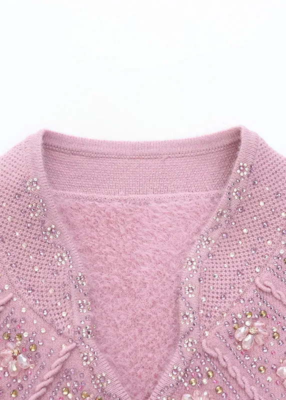 Fitted Pink O Neck Zircon Warm Fleece Knit Sweaters Spring TQ020