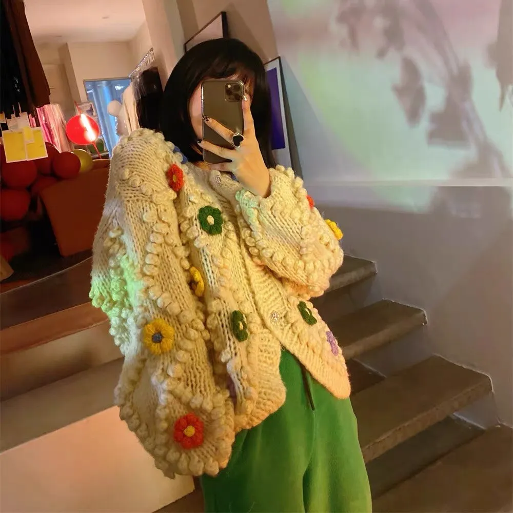 French Vintage Coarse Knitted Thick Warm Sweater Coat Luxury Autumn Winter Women Ball Flowers Handmade Button Up Cardigan Tops