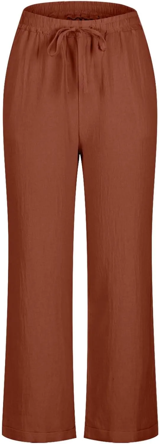 FZYLQY Womens Drawstring Waist Linen Trousers with Pockets Casual Loose Fit Pants for 2025 Summer Relaxed Comfort