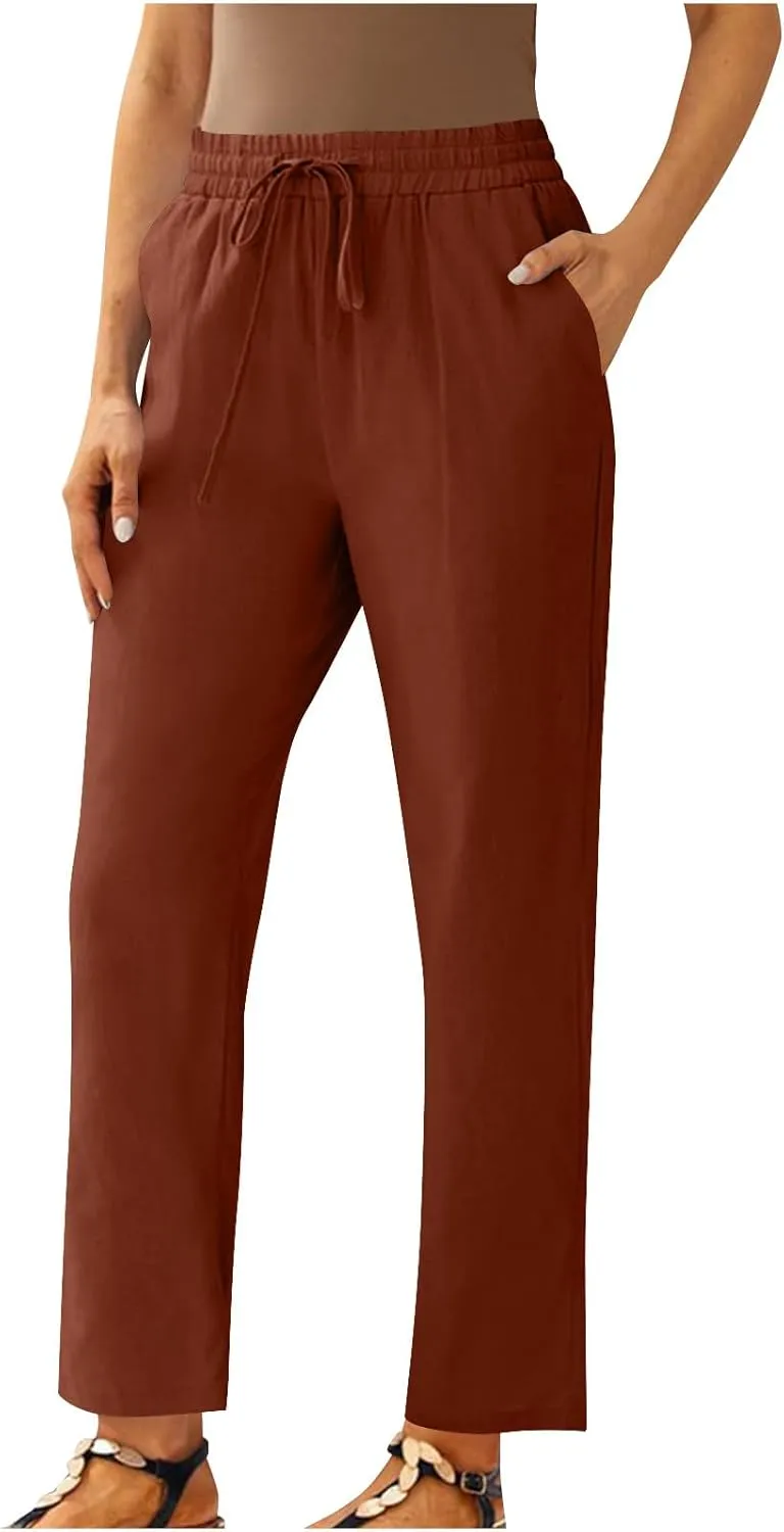 FZYLQY Womens Drawstring Waist Linen Trousers with Pockets Casual Loose Fit Pants for 2025 Summer Relaxed Comfort