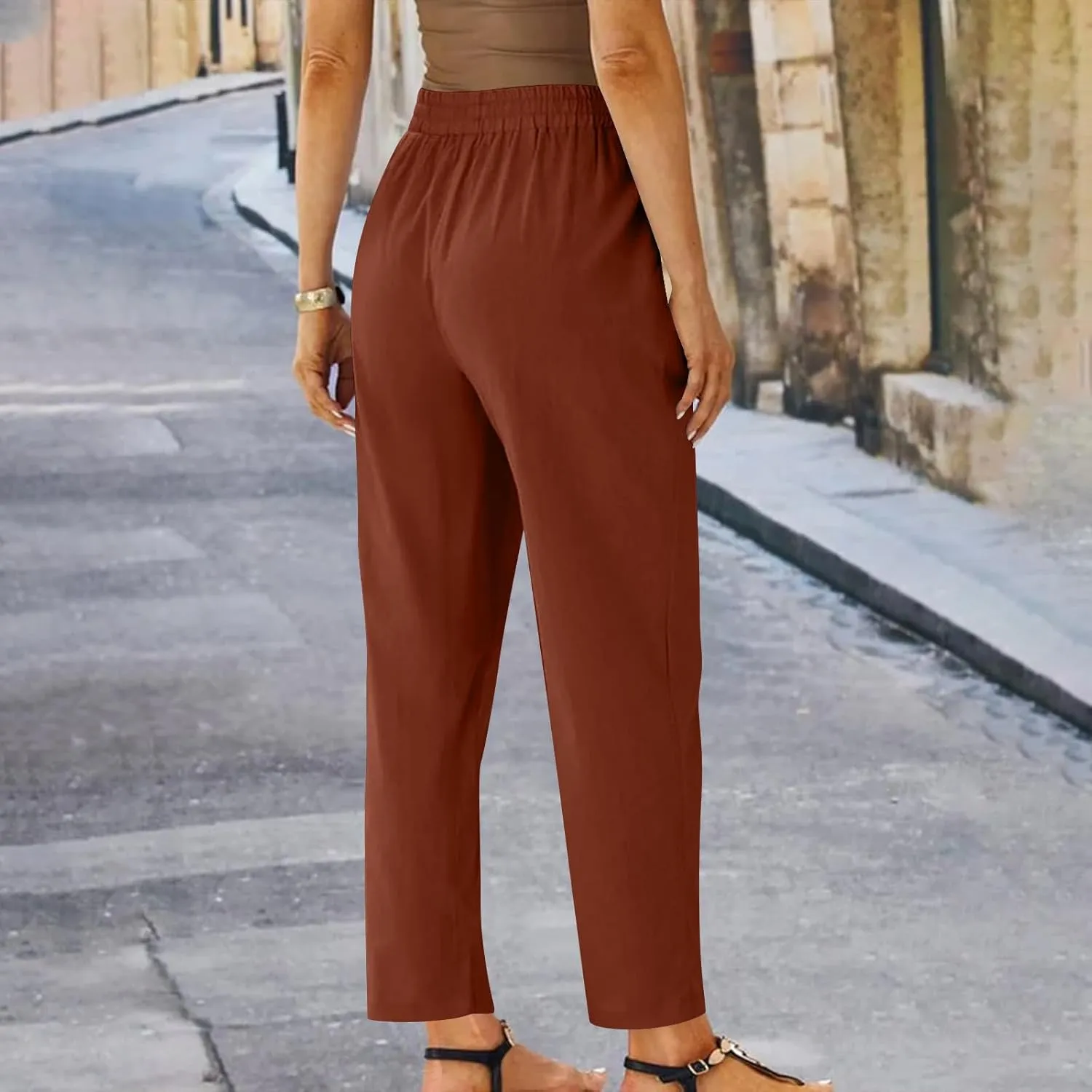 FZYLQY Womens Drawstring Waist Linen Trousers with Pockets Casual Loose Fit Pants for 2025 Summer Relaxed Comfort