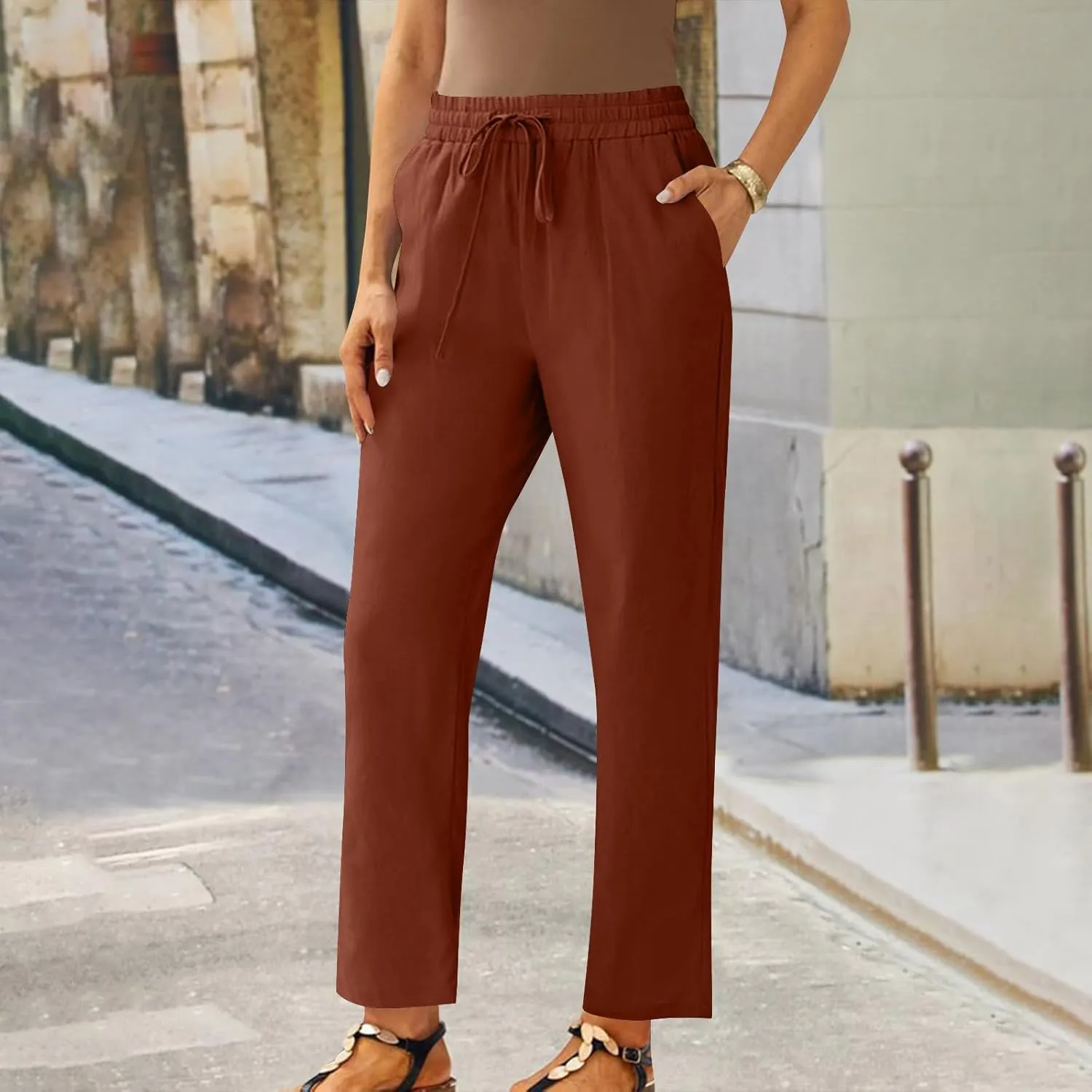 FZYLQY Womens Drawstring Waist Linen Trousers with Pockets Casual Loose Fit Pants for 2025 Summer Relaxed Comfort