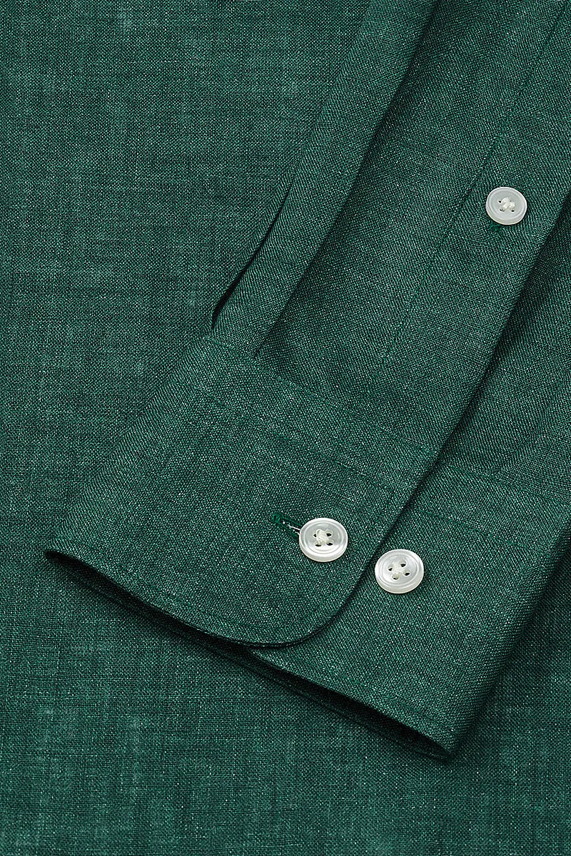 Green Cutaway Collar Standard Fit Linen Shirt