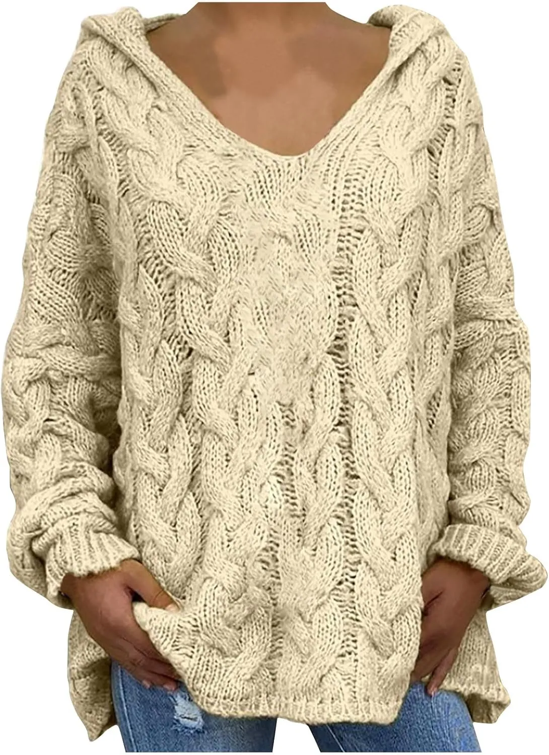 HGps8w Women's Oversized V Neck Hoodie Sweater Tops Chunky Cable Knit Long Sleeve Loose Solid Color Pullovers