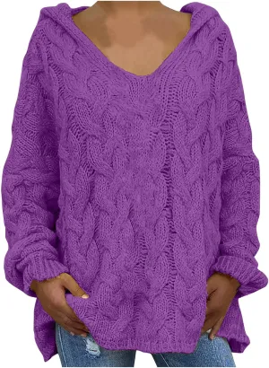 HGps8w Women's Oversized V Neck Hoodie Sweater Tops Chunky Cable Knit Long Sleeve Loose Solid Color Pullovers
