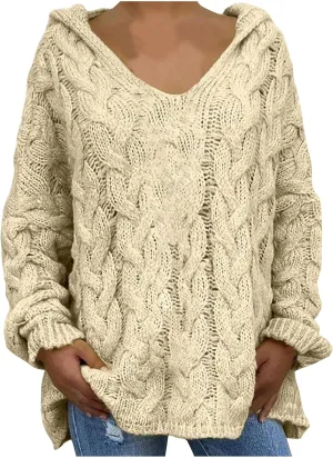 HGps8w Women's Oversized V Neck Hoodie Sweater Tops Chunky Cable Knit Long Sleeve Loose Solid Color Pullovers