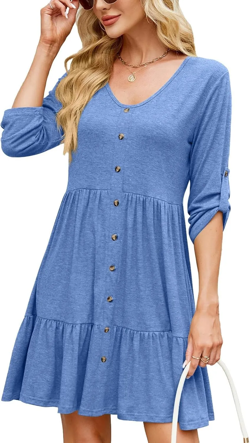 hlysgo Spring Dresses for Women V Neck Casual Mini Dress Solid Roll Up 3/4 Length Sleeve Ruffle Flowy Short Dress