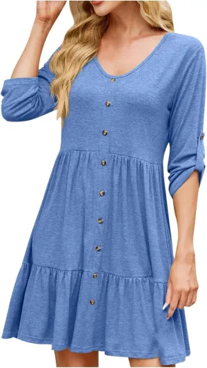 hlysgo Spring Dresses for Women V Neck Casual Mini Dress Solid Roll Up 3/4 Length Sleeve Ruffle Flowy Short Dress