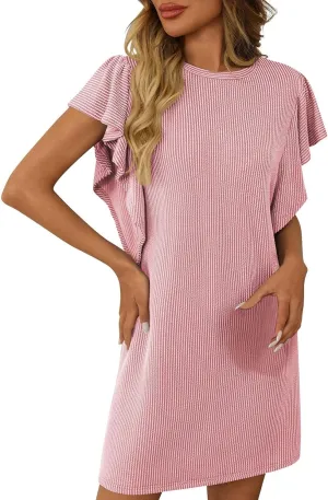 hlysgo Womens Summer Dress Trendy Ruffle Sleeve Crew Neck Mini Dresses Casual Loose Fit Beach Vacation Sundress with Pockets