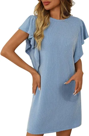 hlysgo Womens Summer Dress Trendy Ruffle Sleeve Crew Neck Mini Dresses Casual Loose Fit Beach Vacation Sundress with Pockets