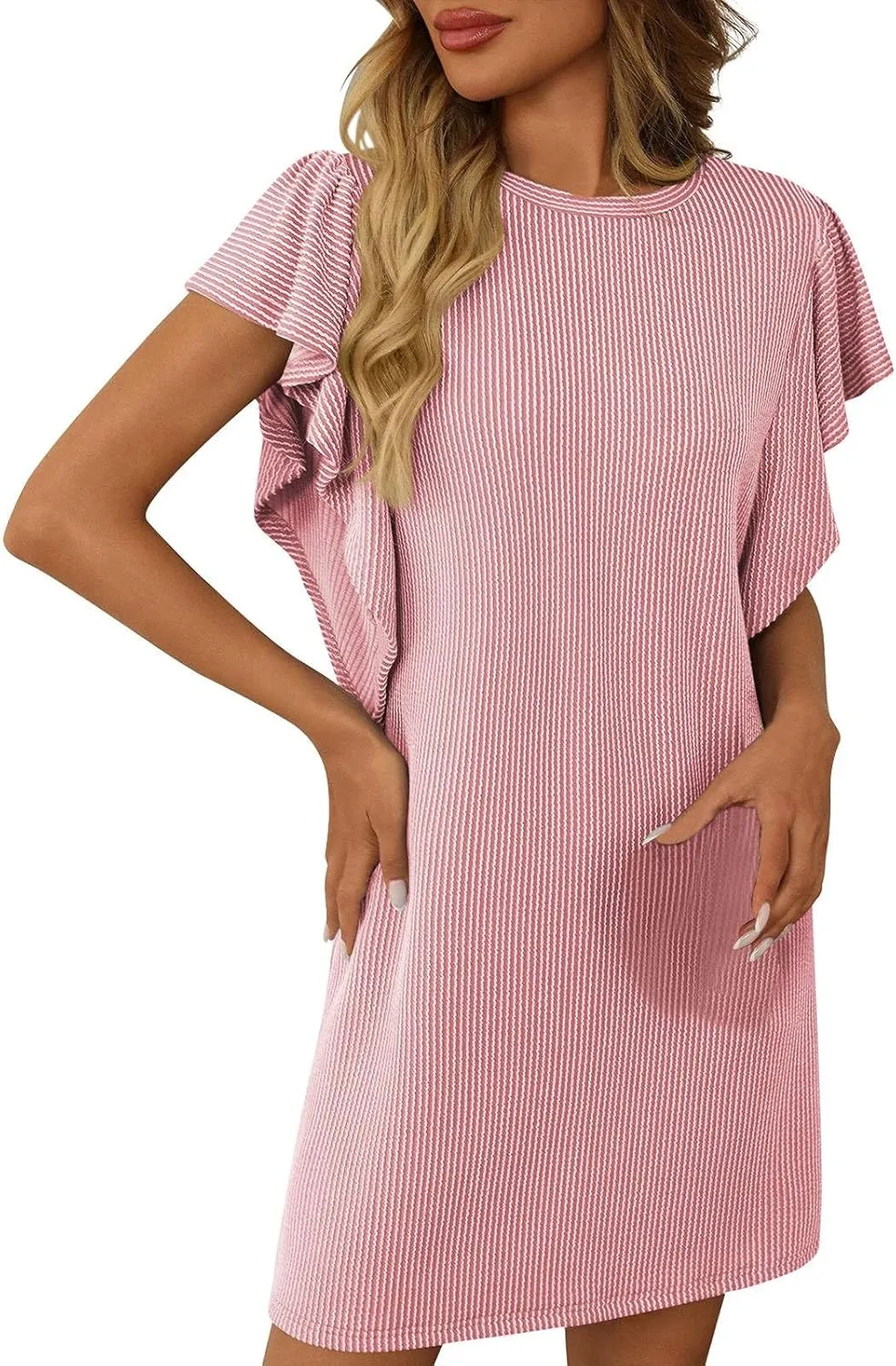 hlysgo Womens Summer Dress Trendy Ruffle Sleeve Crew Neck Mini Dresses Casual Loose Fit Beach Vacation Sundress with Pockets