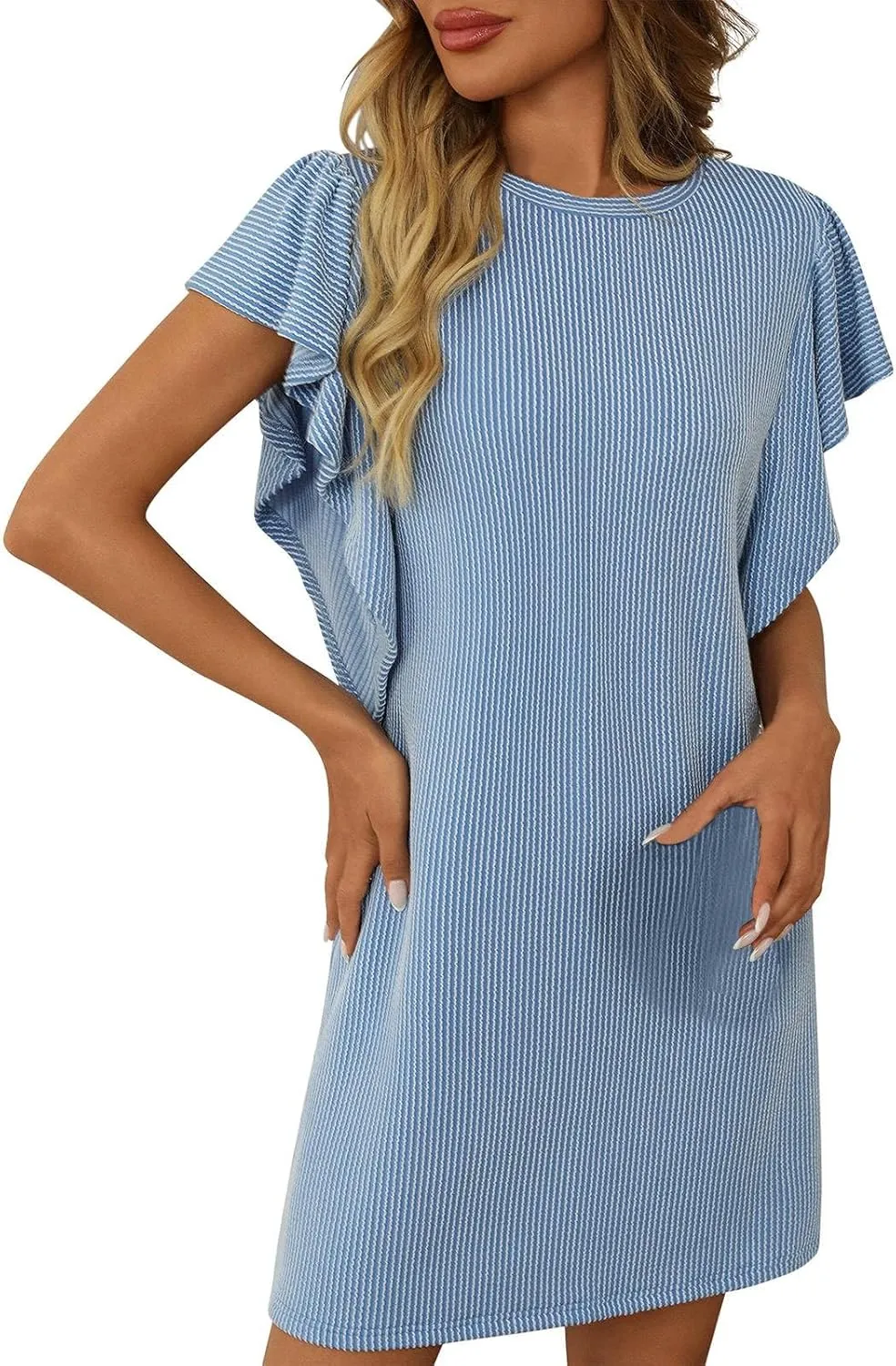 hlysgo Womens Summer Dress Trendy Ruffle Sleeve Crew Neck Mini Dresses Casual Loose Fit Beach Vacation Sundress with Pockets