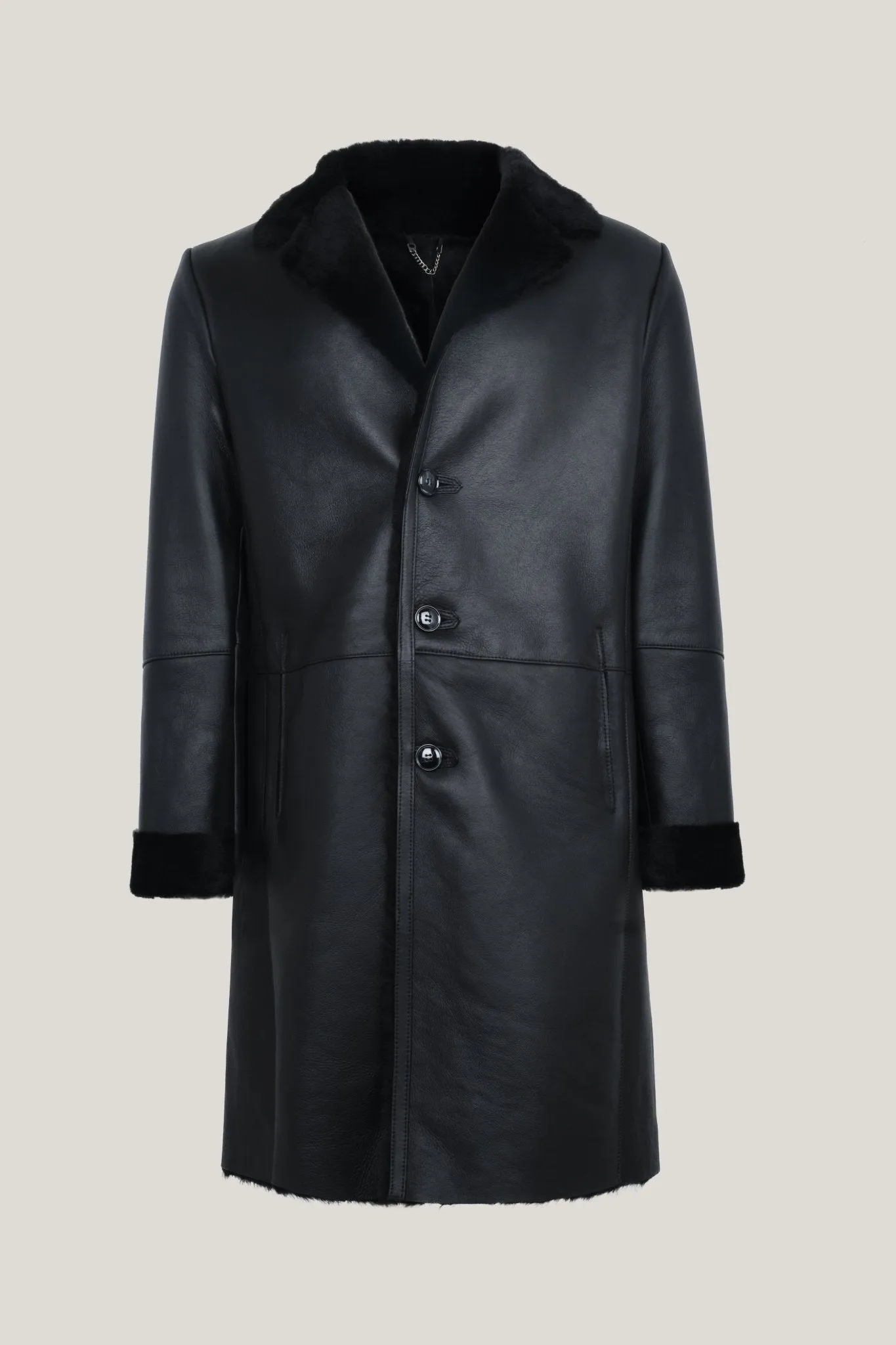 Lambskin Leather Shearling Lined Long Coat - Black