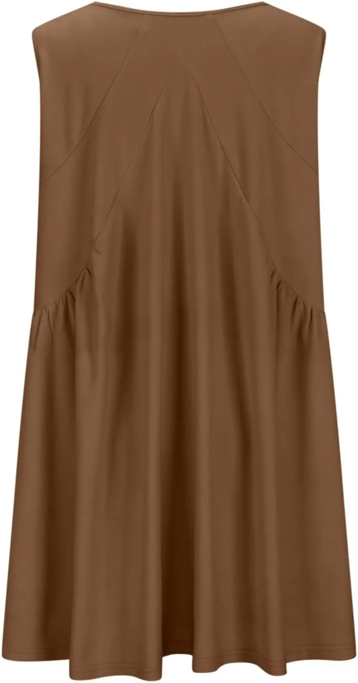 lcepcy Womens Summer Sleeveless Mini Sundress Casual Loose V Neck Swing Flowy Beach Dress with Pocket Pleated Dresses