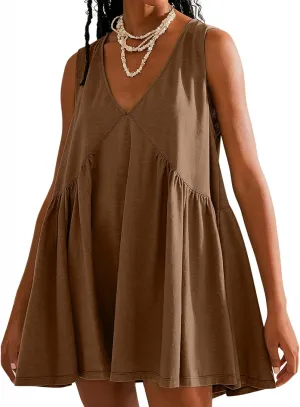 lcepcy Womens Summer Sleeveless Mini Sundress Casual Loose V Neck Swing Flowy Beach Dress with Pocket Pleated Dresses