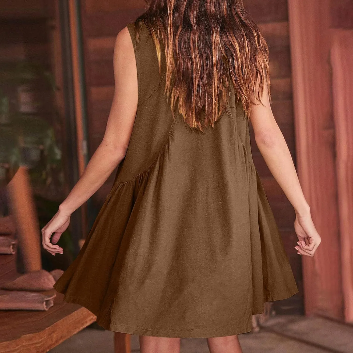 lcepcy Womens Summer Sleeveless Mini Sundress Casual Loose V Neck Swing Flowy Beach Dress with Pocket Pleated Dresses