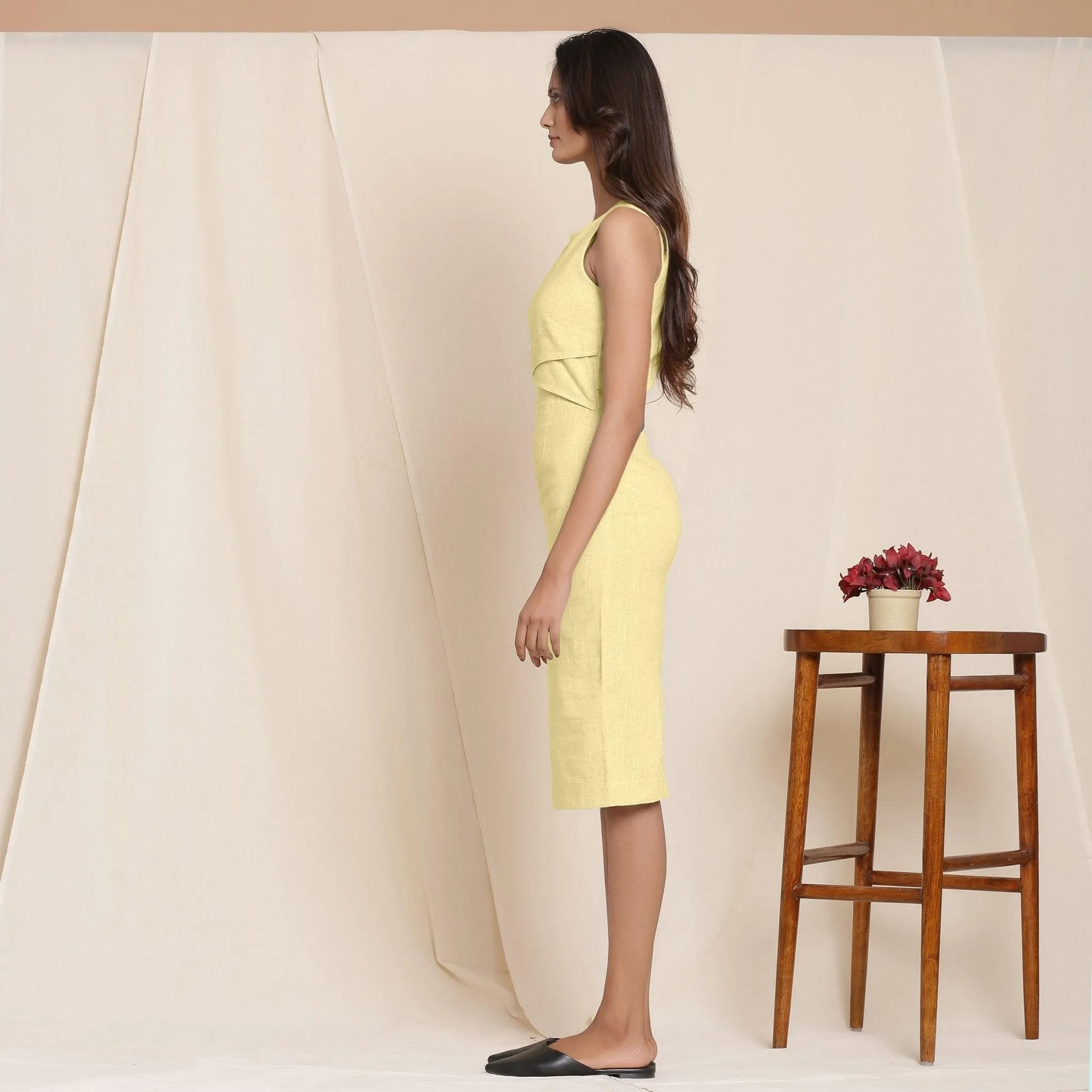 Lemon Yellow Yarn Dyed Cotton Knee Length Sheath Dress
