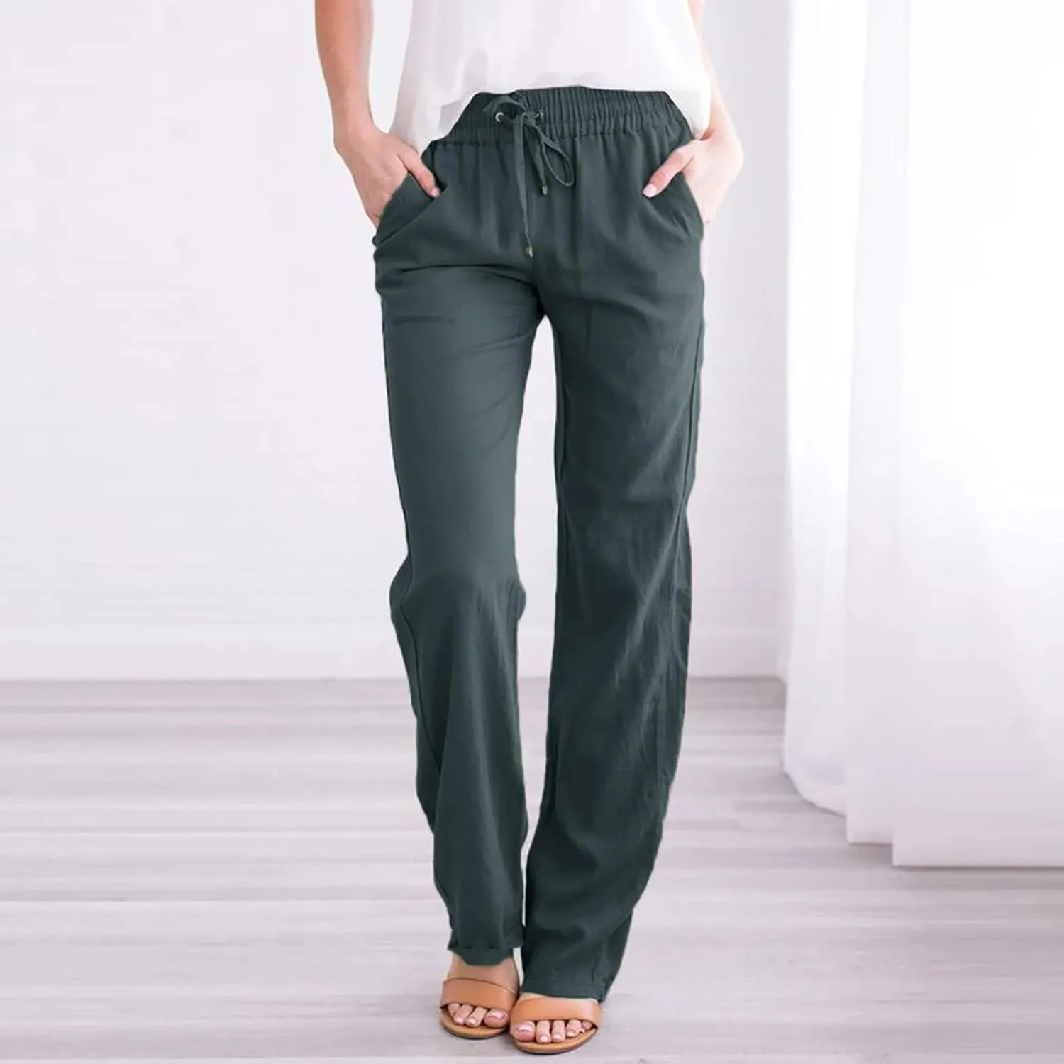 Linen Pants Women Relaxed Fit Linen Pants - Women's Lightweight Summer Casual with Comfortable Elastic Waist