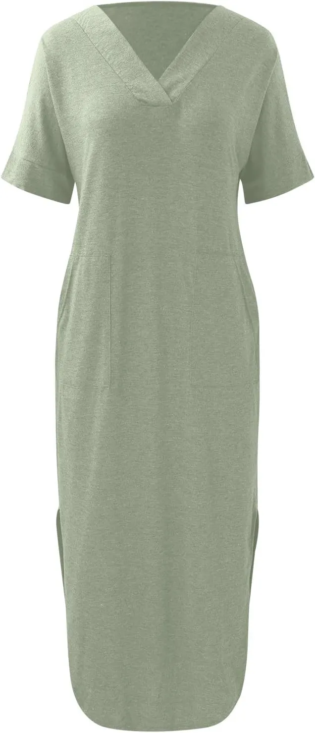Maxi Dress for Women Short Sleeve Split Long Tshirt Dress Casual Summer Loose V Neck Sundress with Pockets