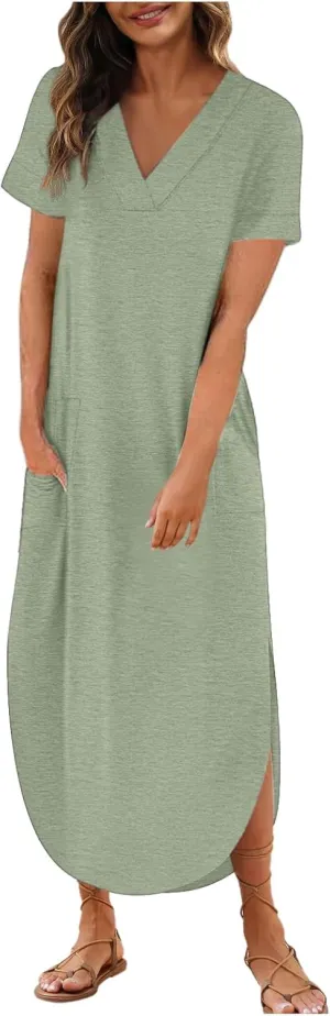 Maxi Dress for Women Short Sleeve Split Long Tshirt Dress Casual Summer Loose V Neck Sundress with Pockets