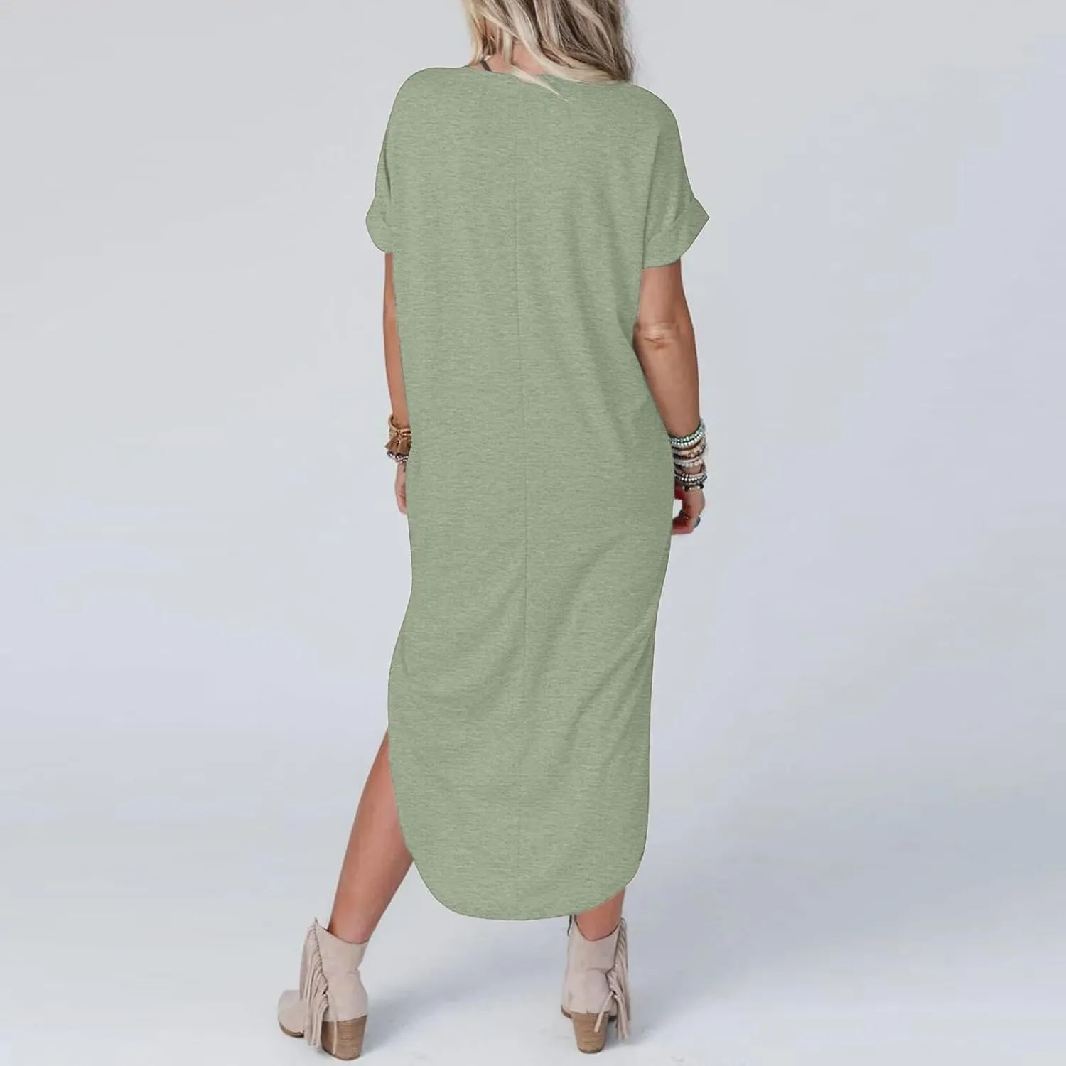 Maxi Dress for Women Short Sleeve Split Long Tshirt Dress Casual Summer Loose V Neck Sundress with Pockets